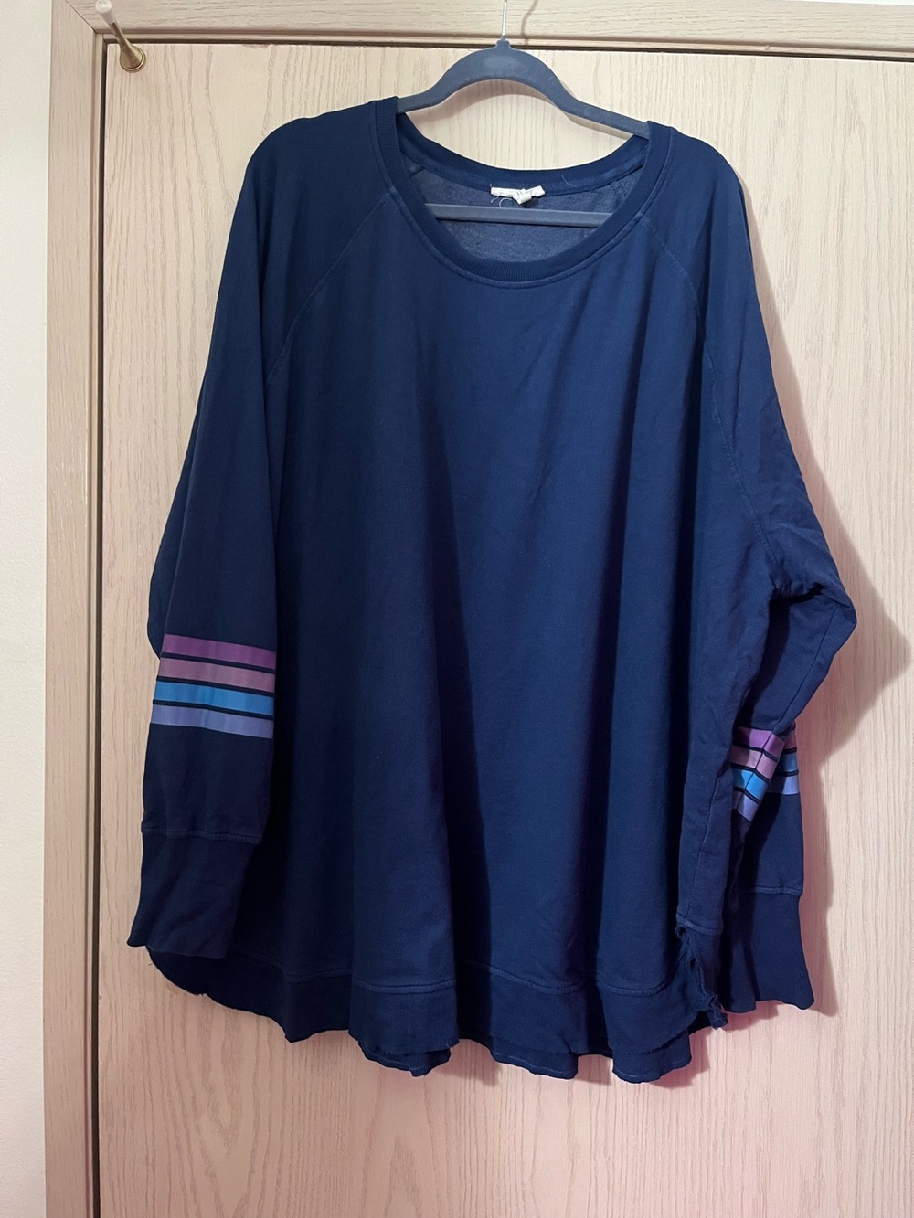 Maurices Navy Pullover Sweatshirt with Purple & Blue Sleeve Stripes